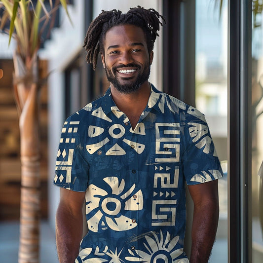 Aztec Blues Camp Shirt - Amerukhan Basics Clothing -