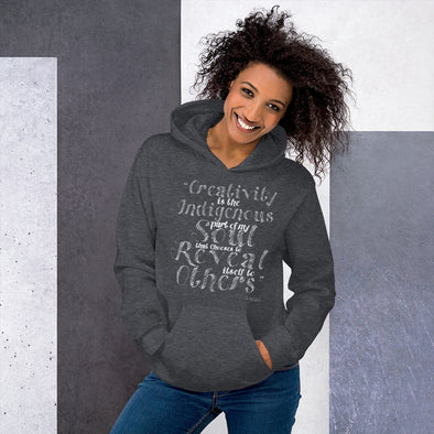 Gray hoodie with white text that reads "Creativity is the indigenous part of my soul that chooses to reveal itself to others" - V. Kottavei, from Amerukhan Basics.