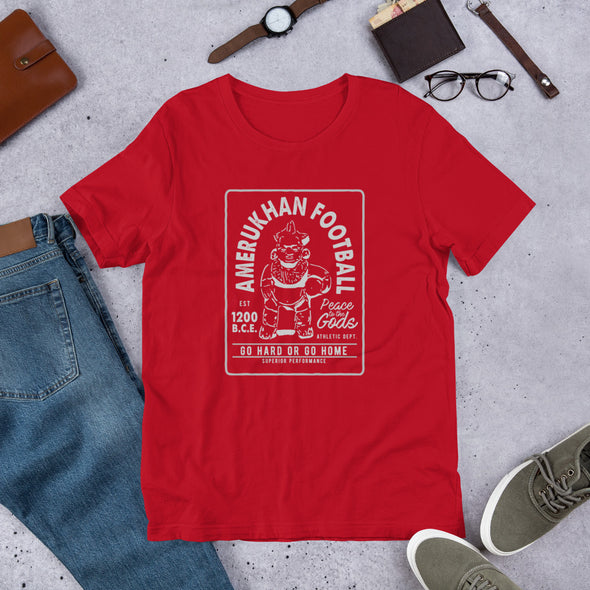 Image of a Red shirt from Amerukhan Basics Clothing, celebrating the creators of modern sports like Football. Tribute to the cultural legacy and traditions of Amerukhas/Mesoamerica.