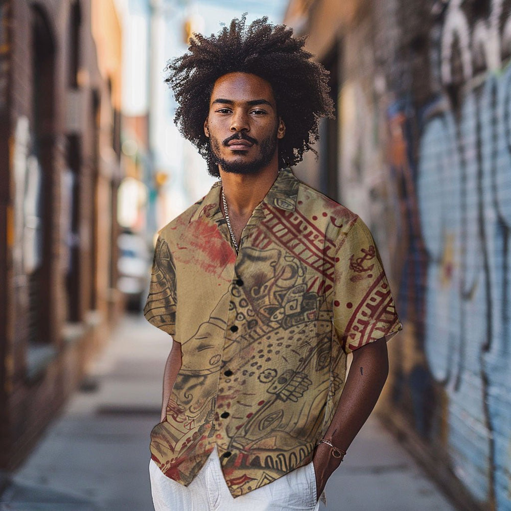 ABC Signature camp collar shirt with Mayan Aztec cultural print by Amerukhan Basics male model