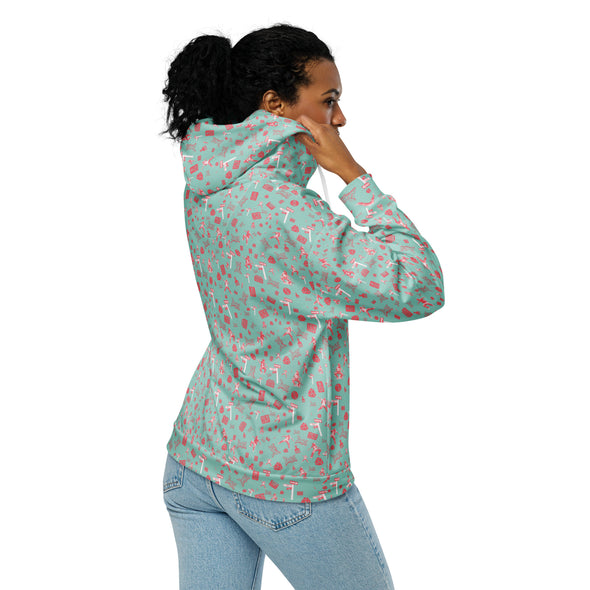 Young Lady wearing Da Hill '24 Teal Zip Hoodie back view