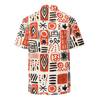 Image of the Ameru Camp shirt with striking Ameru print in deep orange, black, and white hues from Amerukhan Basics collection. Crafted with care, this button-up shirt blends tradition with contemporary style, offering comfort and sophistication. Back view.