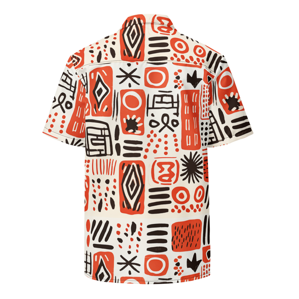 Image of the Ameru Camp shirt with striking Ameru print in deep orange, black, and white hues from Amerukhan Basics collection. Crafted with care, this button-up shirt blends tradition with contemporary style, offering comfort and sophistication. Back view.