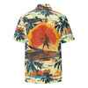 Image of the Amerukhan Surfing camp shirt with palm trees pattern, moorish surfer on the back, and Amerukhan surfing emblem on the left chest. Back view.