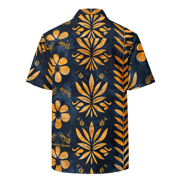 Golden Azure Camp Shirt from Amerukhan Basics Clothing, inspired by Egyptian styles and featuring symbolic floral images. Back view.