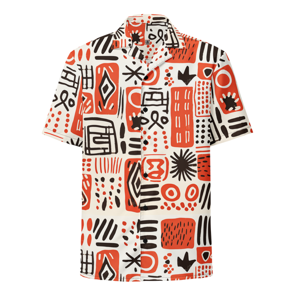 Image of the Ameru Camp shirt with striking Ameru print in deep orange, black, and white hues from Amerukhan Basics collection. Crafted with care, this button-up shirt blends tradition with contemporary style, offering comfort and sophistication. Front view.