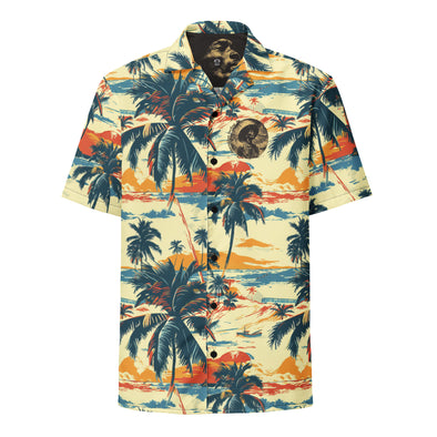 Image of the Amerukhan Surfing camp shirt with palm trees pattern, moorish surfer on the back, and Amerukhan surfing emblem on the left chest. Front view.