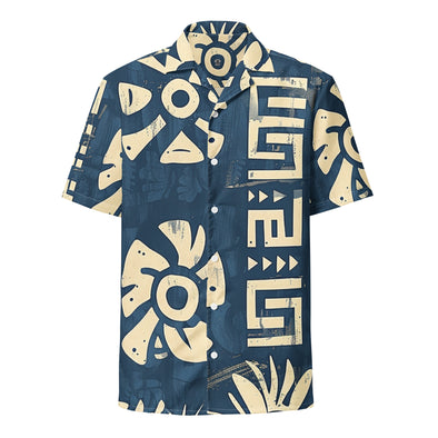 Camp shirt with Aztec Blues design from Amerukhan Basics. Front view.