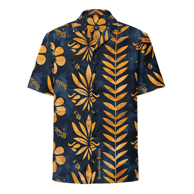 Golden Azure Camp Shirt from Amerukhan Basics Clothing, inspired by Egyptian styles and featuring symbolic floral images. Front view.