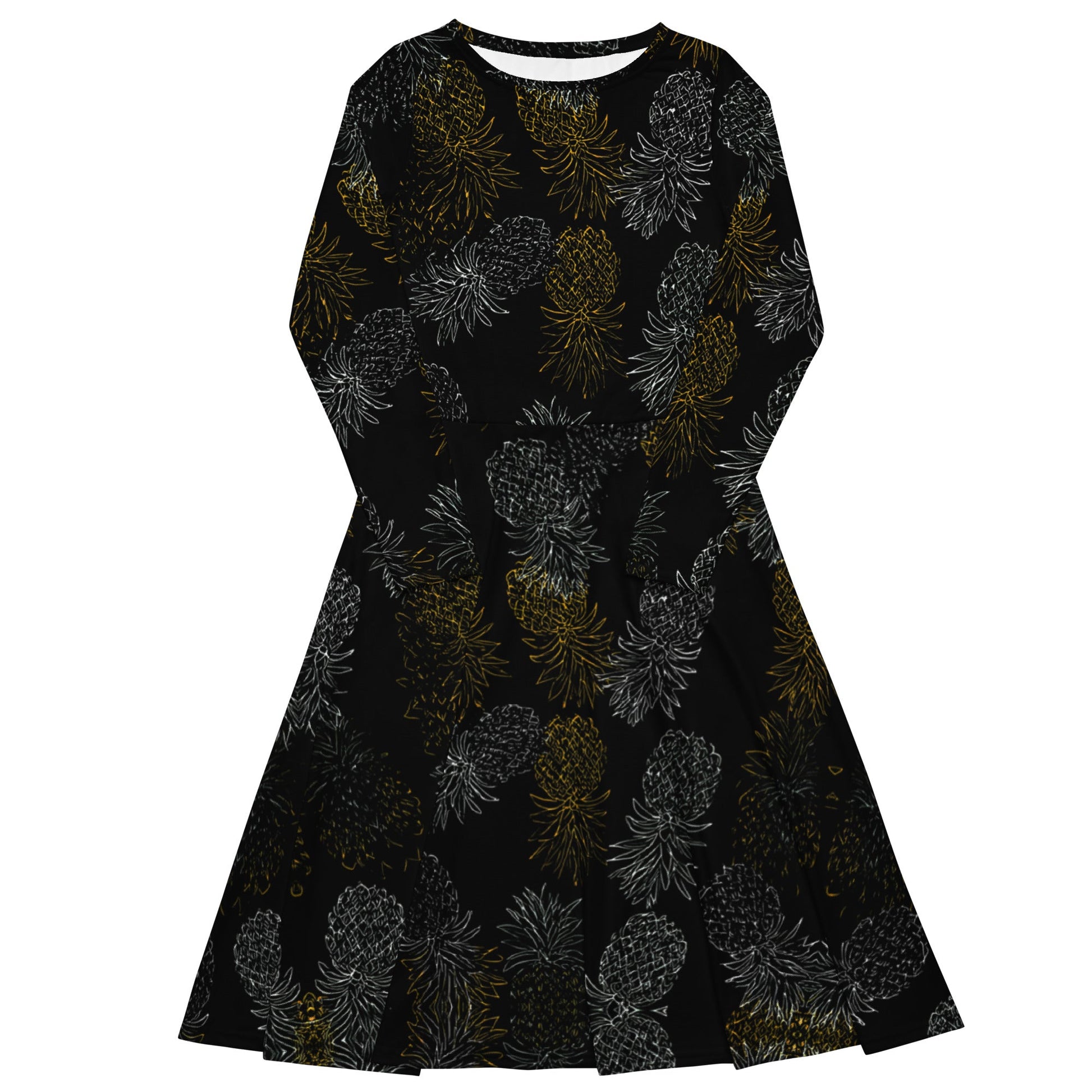 Black Gold Pineapples long sleeve midi dress - Amerukhan Basics Clothing - Dress