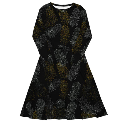 Black Gold Pineapples long sleeve midi dress - Amerukhan Basics Clothing - Dress