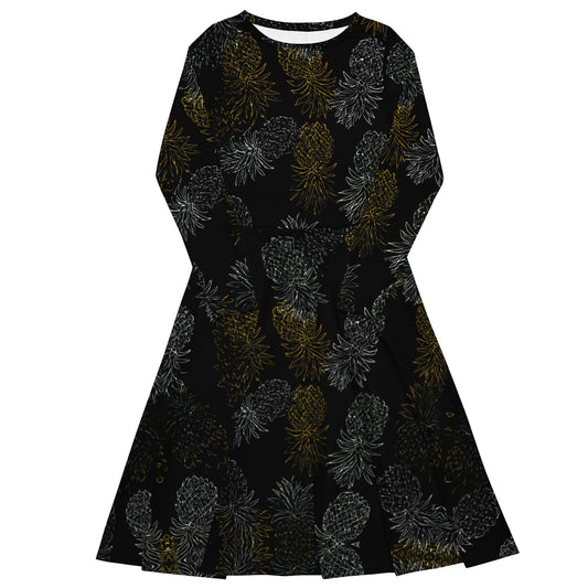 Black Gold Pineapples long sleeve midi dress - Amerukhan Basics Clothing - Dress