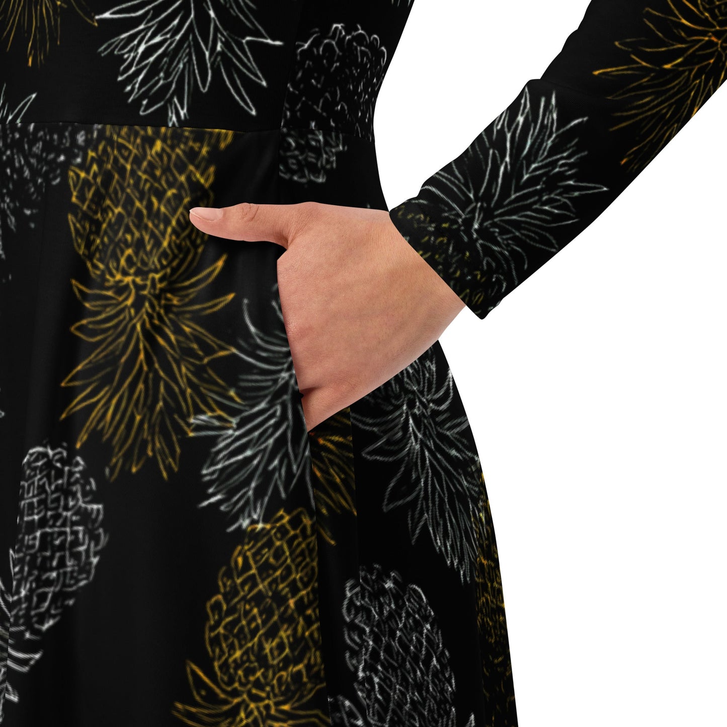 Black Gold Pineapples long sleeve midi dress - Amerukhan Basics Clothing - Dress