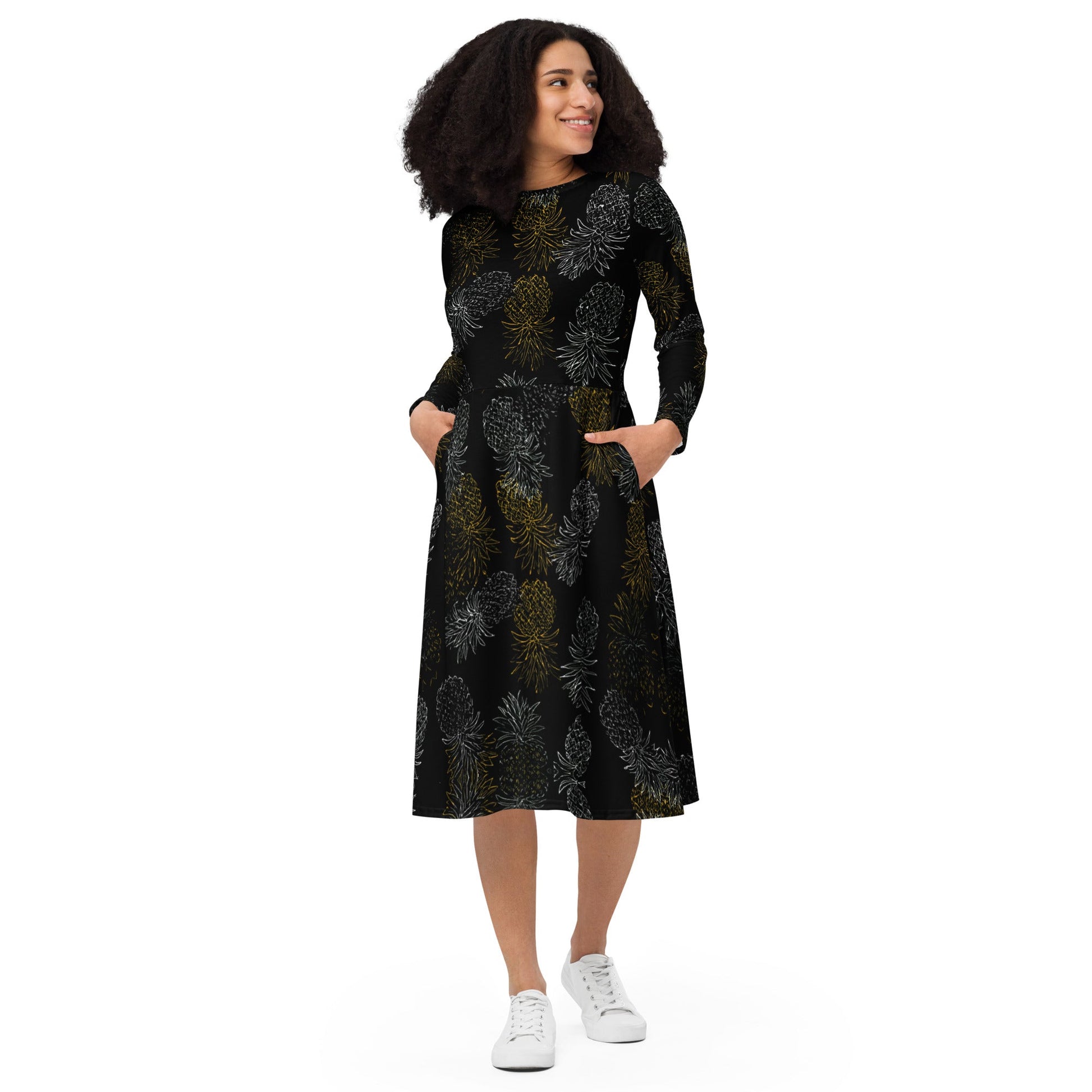 Black Gold Pineapples long sleeve midi dress - Amerukhan Basics Clothing - Dress