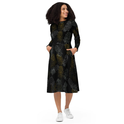 Black Gold Pineapples long sleeve midi dress - Amerukhan Basics Clothing - Dress