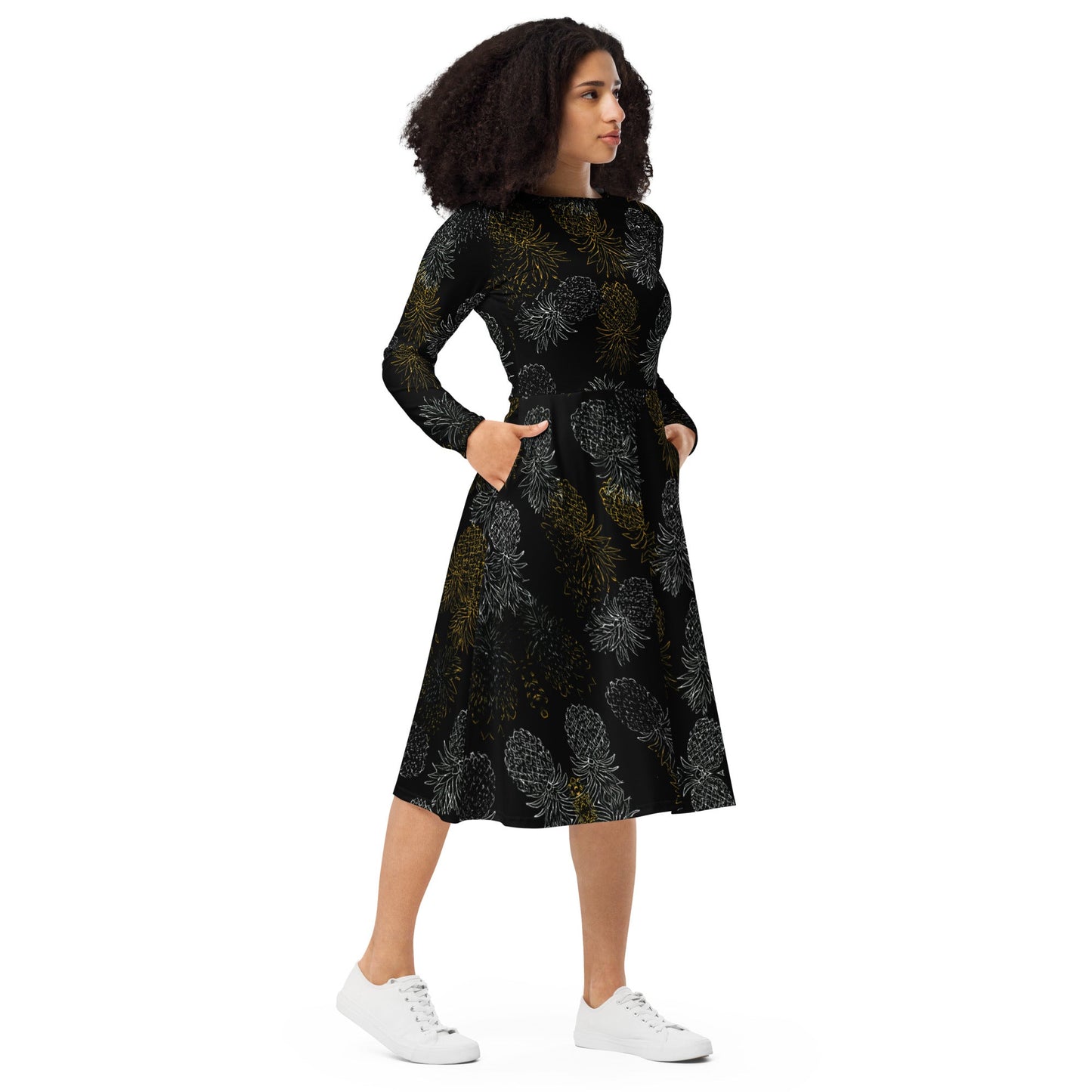 Black Gold Pineapples long sleeve midi dress - Amerukhan Basics Clothing - Dress