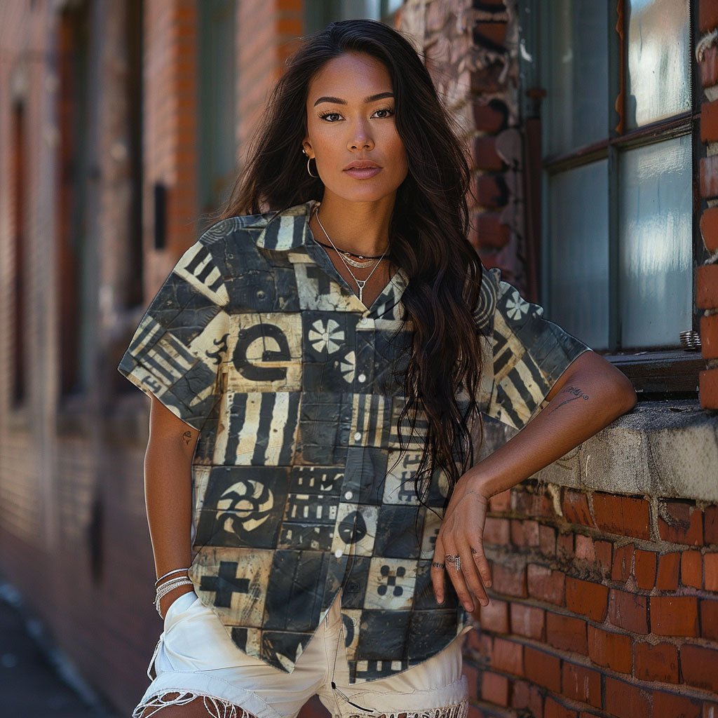 Block print black and white unisex camp collar button-down shirt by Amerukhan Basics female model