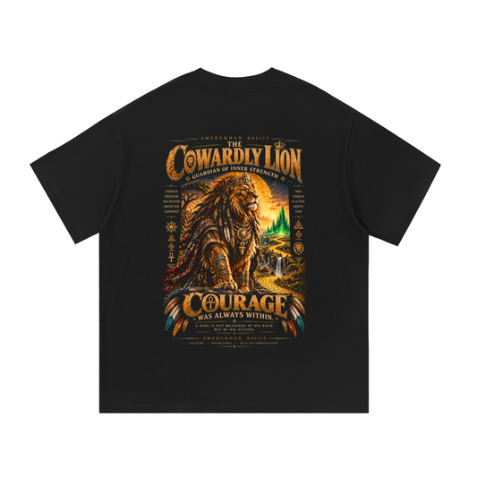 Back print: the Cowardly Lion with braided mane and ceremonial crown before the Emerald City, Black heritage Wizard of Oz graphic tee