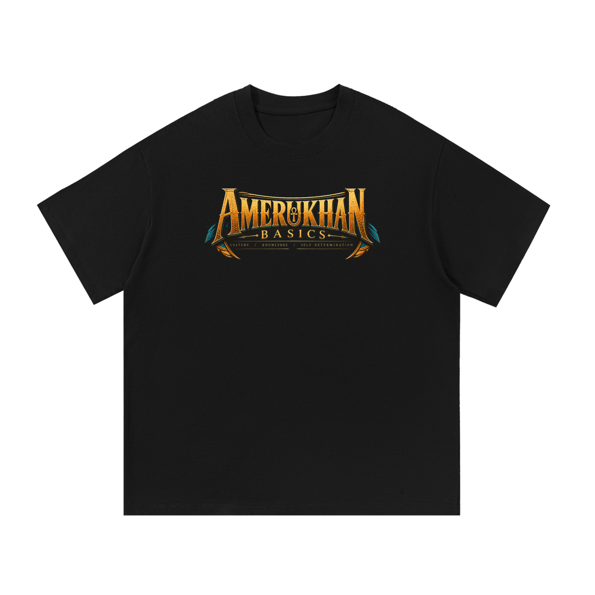 Front of black heavyweight cotton tee with the gold Amerukhan Basics wordmark across the chest, Cowardly Lion Wordmark Edition Oz shirt