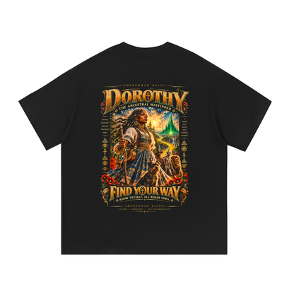 Back print: Dorothy the Ancestral Wayfinder, a braided Black heroine on the golden road to the Emerald City, Black heritage Wizard of Oz graphic tee