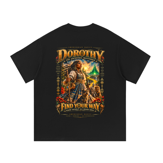 Back print: Dorothy the Ancestral Wayfinder, a braided Black heroine on the golden road to the Emerald City, Black heritage Wizard of Oz graphic tee