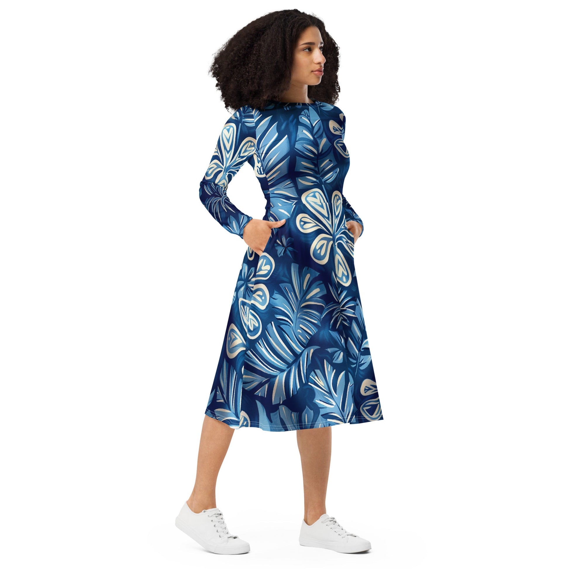Flowered long sleeve midi dress - Amerukhan Basics Clothing - 