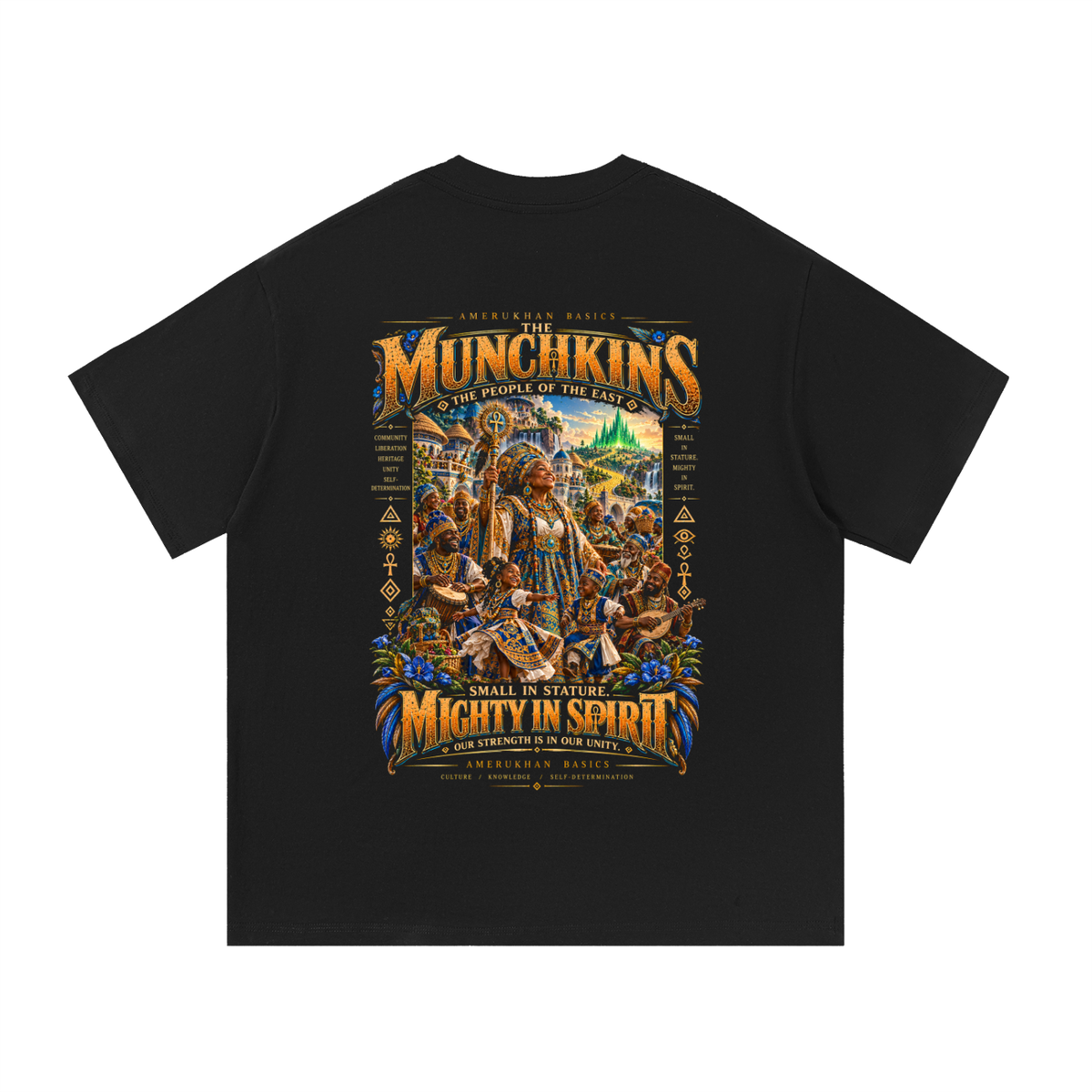 Back print: the Munchkins, a multigenerational Black community with drummers, dancers and an elder, Black heritage Wizard of Oz graphic tee