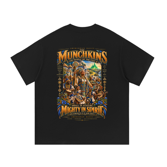 Back print: the Munchkins, a multigenerational Black community with drummers, dancers and an elder, Black heritage Wizard of Oz graphic tee