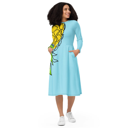 Pineapple Blues long sleeve midi dress - Amerukhan Basics Clothing - Dress
