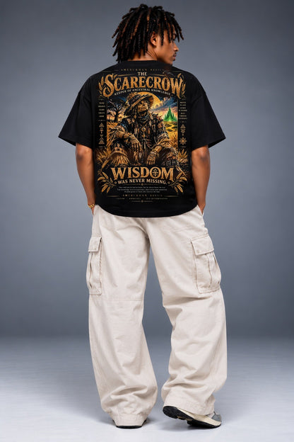 Model wearing the Scarecrow Black heritage Wizard of Oz graphic tee, back view with oversized black tee and cream cargo pants