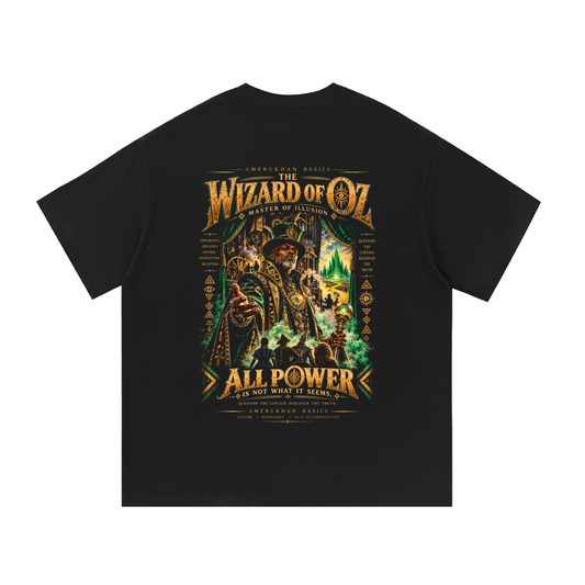 Back print: the Wizard of Oz as an older Black illusionist in emerald velvet and gold with an orb staff, Black heritage graphic tee