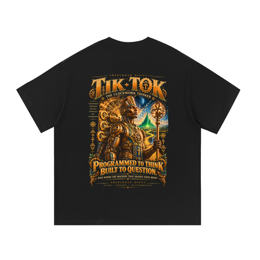 Back print: Tik-Tok the Clockwork Thinker in bronze and copper gears with turquoise accents, Black heritage Oz graphic tee