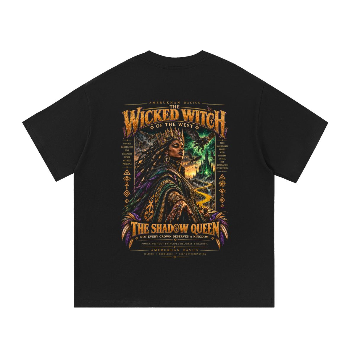 Back print: the Shadow Queen, a powerful Black queen in emerald and violet robes before a storm-lit castle, Wicked Witch Wizard of Oz graphic tee
