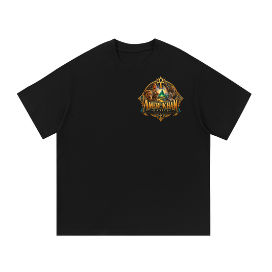 Front of black heavyweight cotton tee with the Amerukhan Basics emblem on the left chest, Wicked Witch Shadow Queen Black heritage Wizard of Oz graphic tee