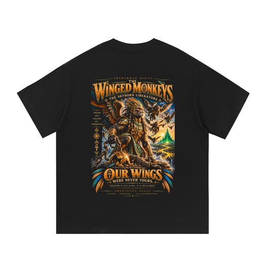 Back print: the Winged Monkeys' armored leader with turquoise wings breaking golden chains, Black heritage Wizard of Oz graphic tee