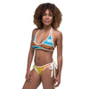 Women in a Colorful and bright Adinkra Sunset Bikini from Amerukhan Basics, celebrating African heritage and diversity front view, reversed.
