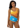 Picture of a woman in our Adinkra Sunset One-Piece Swimsuit from Amerukhan Basics facing forward.