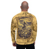 Image of a young man wearing the Amerukhan Map Bomber Jacket inspired by old world maps, Plato, and Francis Bacon's Atlantis. Back view.