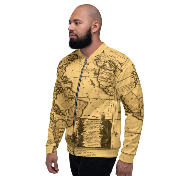 Image of a young man wearing the Amerukhan Map Bomber Jacket inspired by old world maps, Plato, and Francis Bacon's Atlantis. Facing left.