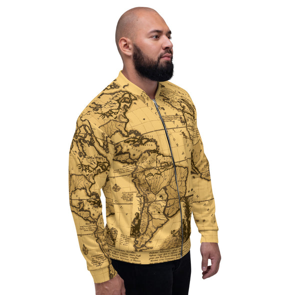 Image of a young man wearing the Amerukhan Map Bomber Jacket inspired by old world maps, Plato, and Francis Bacon's Atlantis. Facing Right..