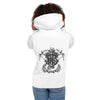 Image of a female in our White signature logo hoodie from Amerukhan Basics Clothing, featuring a captivating design of the Pachyderm and the Anchor. Back view.