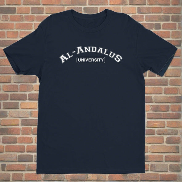 Midnight Navy shirt featuring Al-Andalus design, symbolizing Spain under Moorish rule and its contributions to the Renaissance.
