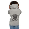 Image of a female in our Gray signature logo hoodie from Amerukhan Basics Clothing, featuring a captivating design of the Pachyderm and the Anchor. Back view.